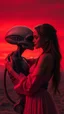 Placeholder: A beautiful girl hugging an alien, they are kissing each other with romantic themes background is a vivid red sky, and the lighting creates a dramatic and otherworldly atmosphere