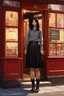 Placeholder: Photorealistic image of a young woman with dark hair, in a black ankle length skirt, boots and shirt, standing outside an old magic shop front with large red painted multi-paned picture windows on either side of a multi-paned doorway.