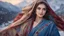 Placeholder: Hyper Realistic close-up-view of a Gorgeous-Happy-Young-Pashto-Women-with-beautiful-blue-eyes & whirling wearing blue-grey-dress & beige-shawl-with-maroon-embroidery on mountains-with-flower-garden at snowfall night withy dramatic & cinematic ambiance