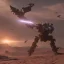 Placeholder: Armored Core machine robot fights another Armored Core fly in the sky in the desert with the ocean where you can see the space in the sky with the twilight on the horizon, 4k resolution