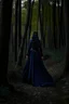 Placeholder: A princess in a dark indigo dress and very long black hair walks through a dark forest full of trees with her knight