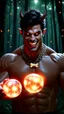 Placeholder: HYPER REALISTIC PHOTOGRAPHIC Middle Angle View Of A Handsome Muscular Young Man With Ritualistic Costume With Bone Necklace Unleashing Glowing Magic Balls, With A Fierce Devilish Smiling Expressions On His Face With Glowing Red Eyes With Short Messy Black Hair In A Dark Dense Jungle At Dark Night With Fireflies Showing Dramatic & Cinematic Ambiance