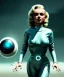 Placeholder: Ultra Realistic retro sci-fi 1960 scene, waist up view portrait, blonde woman, sweet young Marilyn Monroe face, perfect iris, tight latex coat, alien planet background, tight style, steel sphere dron levitating, fog, rain, soft color, highly detailed, unreal engine 5, ray tracing, RTX, lumen lighting, ultra detail, volumetric lighting, 3d, finely drawn, high definition, high resolution.