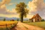 Placeholder: Sunny day, mountains, dirt road, clouds, nostalgy influence, distant house, countryside, very epic, ernest welvaert, hans am ende, and walter leistikow impressionism paintings