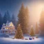 Placeholder: foto realistic winter house with a illuminated christmas tree and presents in the night