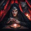 Placeholder: Hyper Realistic photographic-view of Wicked-&-Beautiful-Fortune-teller-with-glowing-red-eyes wearing black-beed-necklace-&-bracelet angrily Looking at her crystal-ball glowing magically & sitting in her tent with a horrifying-black-cat at dark-night decorated with fancy-traditional-feathers, tarot-cards-&-mini-crystals showing dramatic & cinematic ambiance