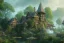 Placeholder: a tudor house on a hillside surrounded by jungle with a pond, blue sky, cinematic view, detailed architecture, concept art, high detail, well lit, volumetric lighting, volumetric clouds, godrays, vivid, trending on artstation, by jordan grimmer, art greg rutkowski