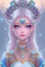 Placeholder: cosmic princess girl belle fine, visage de trois quart, grand front cosmique, peau bleu cristalline, yeux bleu, perle sur le front long cheveux blond et rose etoilé cristaux sur le corps, collier de grande princesse, levres souriante, très jolie sourire