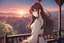 Placeholder: woman with long brown hair, red eyes, pale skin, highly detailed, intricate background, standing on a balcony during sunset, contemplative, anime style, Genshin Impact inspired, dynamic composition