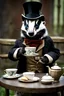 Placeholder: Anthropomorphic European badger wearing a tophat and having a tea party with his other anthropomorphic animal buddies. Photograph.