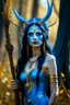 Placeholder: A picture of a beautiful blue faced indian goddess with skin painted blue, blue painted body, blue painted torso, wild black hair, stag antlers, elven ears, golden skirt, holding a staff in a sunny forrest