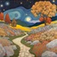 Placeholder: Colourful, peaceful, Egon Schiele, Max Ernst, Gustav Klimt, Vincent Van Gogh, night sky filled with galaxies and stars, rocks, trees, flowers, one-line drawing, sharp focus, 8k, deep 3d field, intricate, ornate