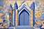 Placeholder: a gothic_arab gate in a blue-tiled wall in futurism stye by artist "Gino Severini",by artist "Marianne von Werefkin"