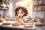 Placeholder: cute chibi brunette girl baking cookies in a modern kitchen in sunshine, watercolor and black in outlines, golden glitter, ethereal, cinematic postprocessing, bokeh, dof