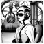 Placeholder: great illustrator, spanish, pencil sketch of a cute girl, beautiful, steampunk syle, black and white. Helmet with tubes. Sun glasses. Machinery in the background. robotic bird flying. High details.