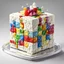 Placeholder: highly detailed, fantastical white frosting wedding cake shaped like a rubik cube, nine by nine squares with different colored cakes mixed up, designed by ppbulish, perfect composition, beautiful intricate insanely detailed octane render trending on artstation, 16k artistic food photography, photorealistic concept art, soft natural volumetric cinematic perfect light, award - winning photograph