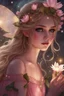 Placeholder: Blonde hair ,Pink dress,Sparkling fairy wings,Very long golden hair,Fairy crown,pointed ears,elven ears,fairy wings,water lilies,sparkling,glittering,flowers,blossoms,golden crown,light pink dress