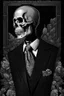 Placeholder: LINE TONE, WSJ STYLE, HEDCUT, ultra high image quality, HEAD AND SHOULDERS SHOT, SKELETON, WEARING A 3 PIECE SUIT, POSED FOR DOLLAR BILL PORTRAIT, , Close-up of an set against AMOLED-worthy pure black backdrop, fantasy art style infused with filter, tailored for vertical wallpaper, exclusive design with no duplicates, radiating beauty suitable for a PC screen image, vivid colors, ultra fine, digital painting, BASED ON THE UNITED STATES TREASURY NOTE ONE DOLLAR BILL