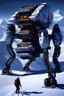 Placeholder: a sleek mechanical walker with eight legs scaling a very steep snow covered side of mout everest at night, it has a smooth surface, it has storage pods on its belly and humans can fit in the pods