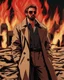 Placeholder: a young man with big muscles who looks like hans gruber wearing a trench coat and red sunglasses staring with an irritated look on his face standing in front of a fire