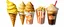 Placeholder: ice cream cones, dole-whip cones, sundaes, striped bag of popcorn, iced coffee drink with whipped topping. whimsical and delightful, digital painting on white