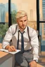 Placeholder: Handsome blond man in 30 years old, rich male face, businessman, wearing work dress clothes, leaving office and talking to secretary