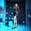 Placeholder: a beautiful black and white art picture of fashion model lady in modern clothing posing with cute and with high heels,midy skirt, pretty color full stage made of metallic blue teme 3d recursive cubic and sphere base structures and the scene is in color,makeup curvy long hair.