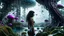 Placeholder: Detailed matte painting of a wide-angle shot of a woman, standing on the left side of the shot, with dark hair in a silver robotic catsuit, many large floating jellyfish with octopus tentacles, alien jungle trees in the distance, with an alien beach and lake, deep colour