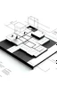 Placeholder: Concept diagram with large ameba plaza and three rectangles, flat surface, black and white, 2d