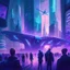 Placeholder: A group of people gather in a futuristic plaza, surrounded by towering skyscrapers and holographic advertisements. The plaza is filled with blue and purple light, and flying vehicles can be seen in the background. Digital art