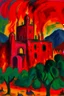 Placeholder: A dark reddish magenta fortress with a fiery furnace painted by Alexej von Jawlensky