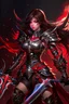 Placeholder: full body picture of a young woman with long brown hair, fantasy, dark, wearing black and red leather fantasy armor, evil, red eyes, smirk, confident, arrogant, anime, high resolution, hi res, detailed, intricate, fighting, warrior, detailed background