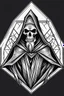 Placeholder: retro cartoon style grim reaper, from the waist upward, in a diamond shape, monochromatic