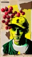 Placeholder: background old, cracks, yellow, torn canvas, gouache, double exposure, man, baseball cap, 40 years old, fine drawing, blots, newspaper scraps, leaves, green, autumn, city, branches, red rowan berries, 8K, double exposure