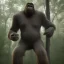 Placeholder: huge giant upright human hybrid bigfoot, grey black, destroying a tree in forest, angry, big muscles