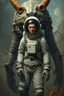 Placeholder: Bosch painting style, an astronaut surrounded by wired large creature behind him