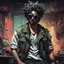 Placeholder: Semi-abstract dark painting of a 30yo arab man with a curly messy dirty hair, round dirty face and a mechanical left-hand, wearing white tank top, military jacket pants and boots, bandanna on head with punk-goggles. Scenery is a cyberpunk small dark living room with lots of junk. Dirty and old image filters, dark-tone hot colors, a dystopic feeling.