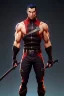 Placeholder: j.scott campbell, muscular ninja assassin, full head to toe portrait, athletic build, wearing black and red baggy pants with pockets, tan skin, big boots, two swords crossed behind back, dark hazel eyes, eyes are both in proportion and green, 3/4 look, 5 o'clock shadow, short brown hair, large arms and hands, standing, dark cobblestone alley, one halo white light behind head, non photorealistic rendering