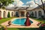 Placeholder: a luxury villa yard with pool in center and pretty plants trees flowers, pretty clouds,a pretty model lady in victorian clothing walking in villa yard around pool .every thing and lady is made of small colored cubes as a puzzle