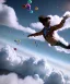 Placeholder: Ultra realistic speed clouds sky scene, wide angle view, strong men falling down with many Childs, circus clothing style, feather color clothing, free jumping flying, many trinkets, hair monster, many jelly beans, balls, color smoke, smile, happy, extreme, wind, clouds sea, 20,000 feet altitude, stratosphere, soft color, highly detailed, unreal engine 5, ray tracing, RTX, lumen lighting, ultra detail, volumetric lighting, 3d, finely drawn, high definition, high resolution.