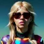 Placeholder: Shakira, artist, 30 years old, Realistic image, waist up portrait, etro style dress. Gucci sunglasses. Blonde, loose long hair, eyes make up, perfect, glow, circle iris. Neon colors, leds, geometric shapes. Dark background. Cyberpunk, concept art, smooth, unreal engine 5, god lights, ray tracing, RTX, lumen lighting, ultra detail, volumetric lighting, 3d, finely drawn, high definition, 4k.