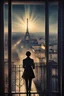 Placeholder: Movie poster. A woman overlooking Paris from here balcony, light rays coming to then fading to darkness. A man spying from behind her