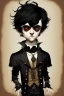 Placeholder: black haired black eyed young man necromancer steampunk Gnome that looks like a young Edgar Allan Poe with gothic jewelry in the style of Charles Addams