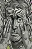 Placeholder: tribal man in grief with hands on face pencil draw style of roy lichtenstein