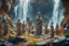 Placeholder: archeologists discovering storm giant people in Rivendell worshipping statues and idols, on a strange planet with weird colors and waterfalls, bokeh like f/0.8, tilt-shift lens 8k, high detail, smooth render, down-light, unreal engine, prize winning