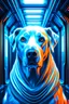 Placeholder: portrait of dog on a triplet in the style of giger, spraypaint, photorealism, trending on artstation, 8k, depth of field, downlight, lightrays, volumetric, white hall in spaceship, blue and orange