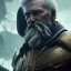 Placeholder: Epic Character design, strong Male void soldier wearing metal armor silver/black/dark gold, mist, photorealistic, octane render, unreal engine 5 style, ultra detailed, volumetric lighting, Organic Horror, old man with helmet scarred face with beard, far view with army behind him