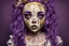 Placeholder: full color, illustration of a darkpurple and gold tones, menacing, Singer Melanie Martinez face, as a decayed, broken, crude homemade cloth doll toy, with a narrow cracked porcelain face, thick dark eyebrows, hair in two gradually, made from ragged strips of cloth, in the style of Alex Pardee, Tim Burton, and Nadya Sheremet