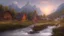 Placeholder: Looking across a fast-flowing dangerous river to a village of new wooden houses, school, church and farm buildings, and mountains in the far distance, highly detailed, realistic, sunshine, RTX