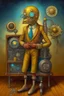 Placeholder: a mechanical man with fan in his chest , 2 light balls as eyes , 2 speakers as ears one refrigerate as head and 2 vacuums cleaners as legs , surreal, Van Gogh, Busch painting style